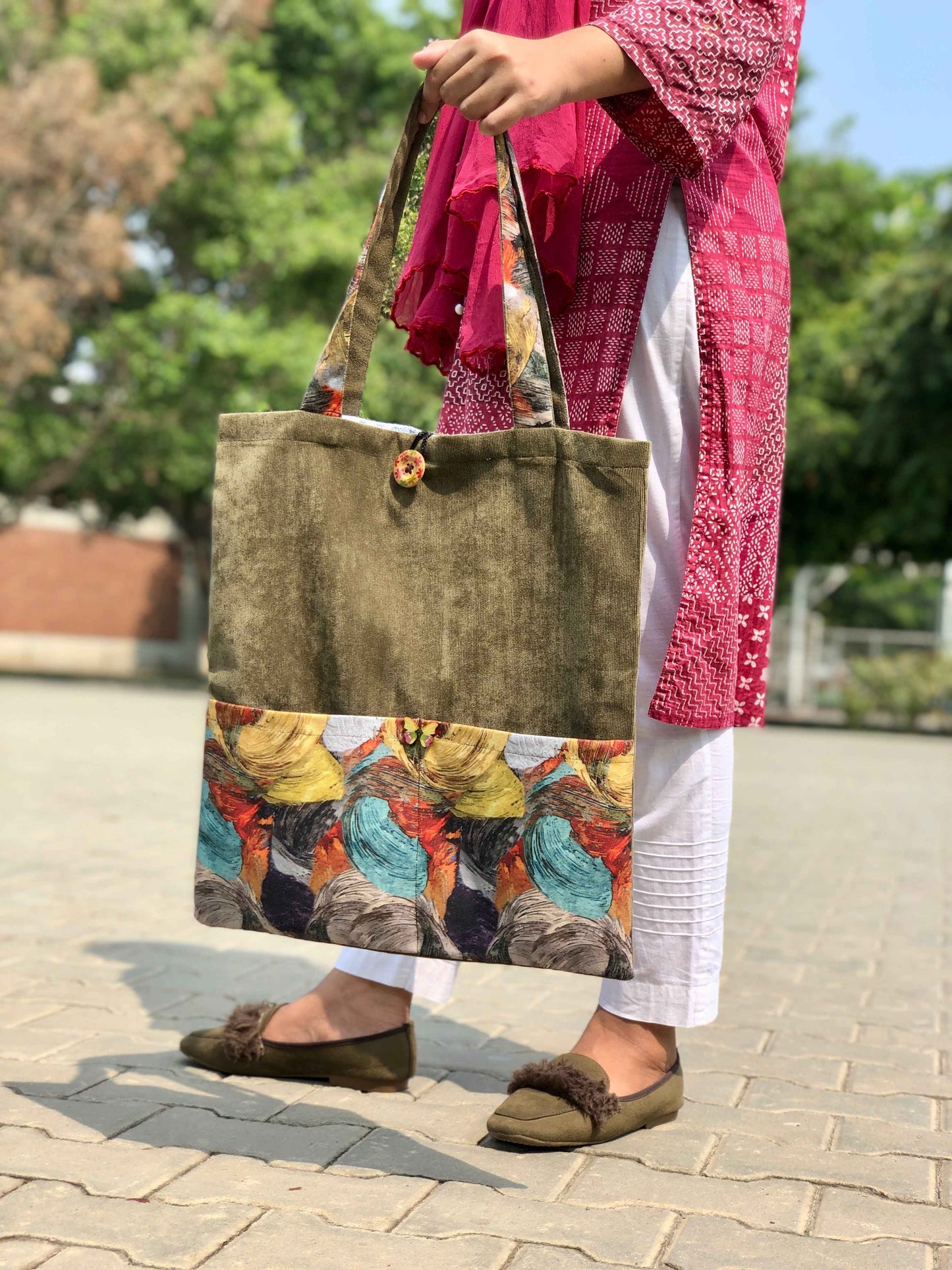 Green Leaves Tote Bag - Stylish Corduroy Design - Tote Baggs