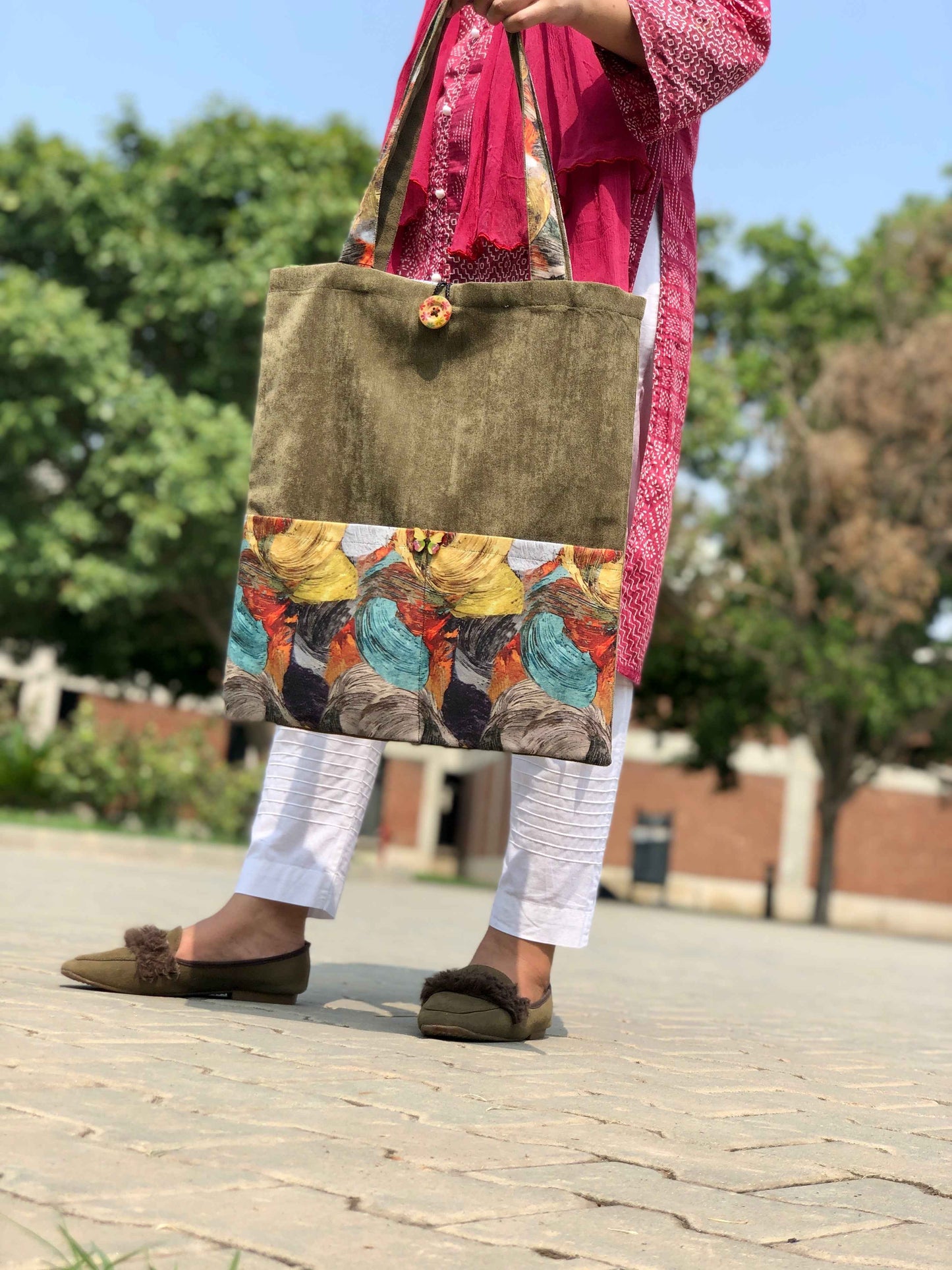 Green Leaves Tote Bag - Stylish Corduroy Design - Tote Baggs