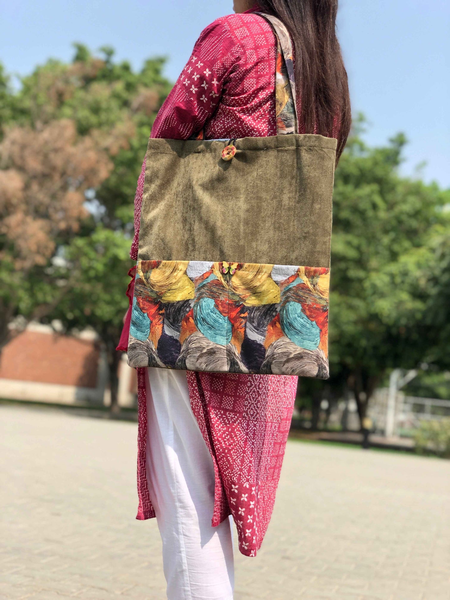 Green Leaves Tote Bag - Stylish Corduroy Design - Tote Baggs