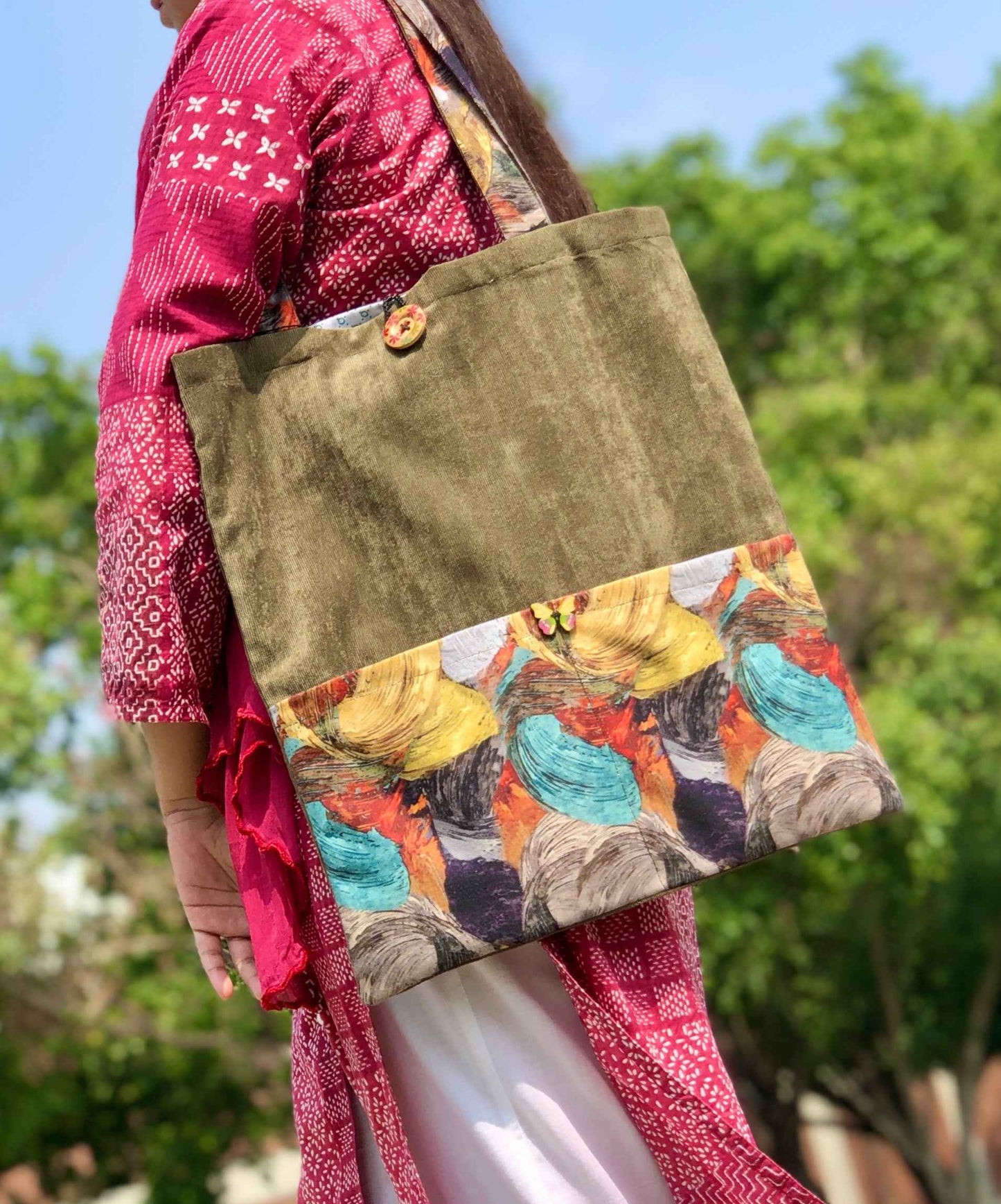 Green Leaves Tote Bag - Stylish Corduroy Design - Tote Baggs