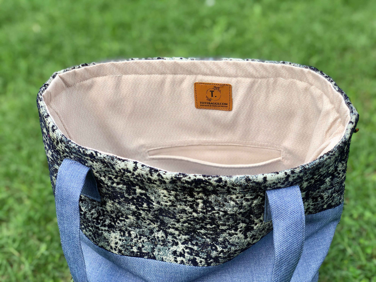 Blue Textured Tote Bag - Stylish 2-Tone Denim Style Design - Tote Baggs