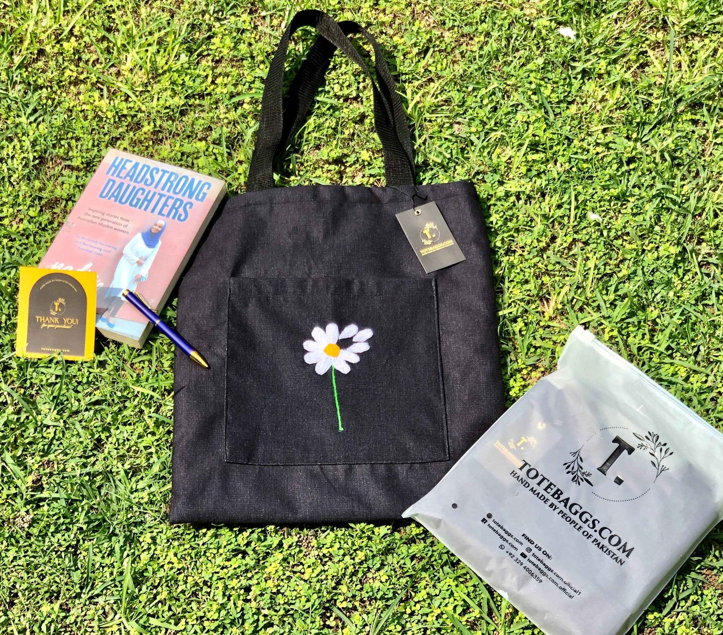 Black Embroidered Tote Bag with Flower Design - Tote Baggs