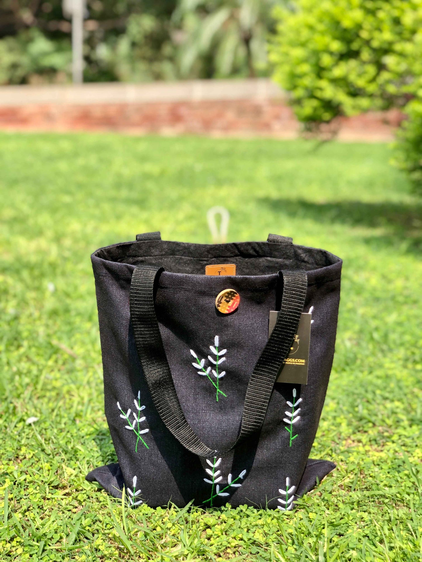 Black Tote Bag Embroidery with Small Flowers Design - Tote Baggs