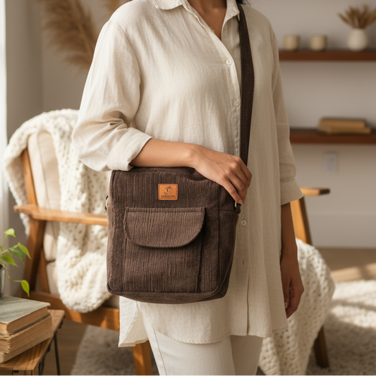 Woman holding a brown shoulder bag in a cozy room with plants and books.