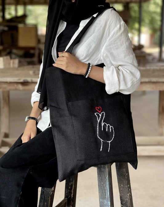 Black Embroidered Jute Tote Bag with Zipper - Tote Baggs