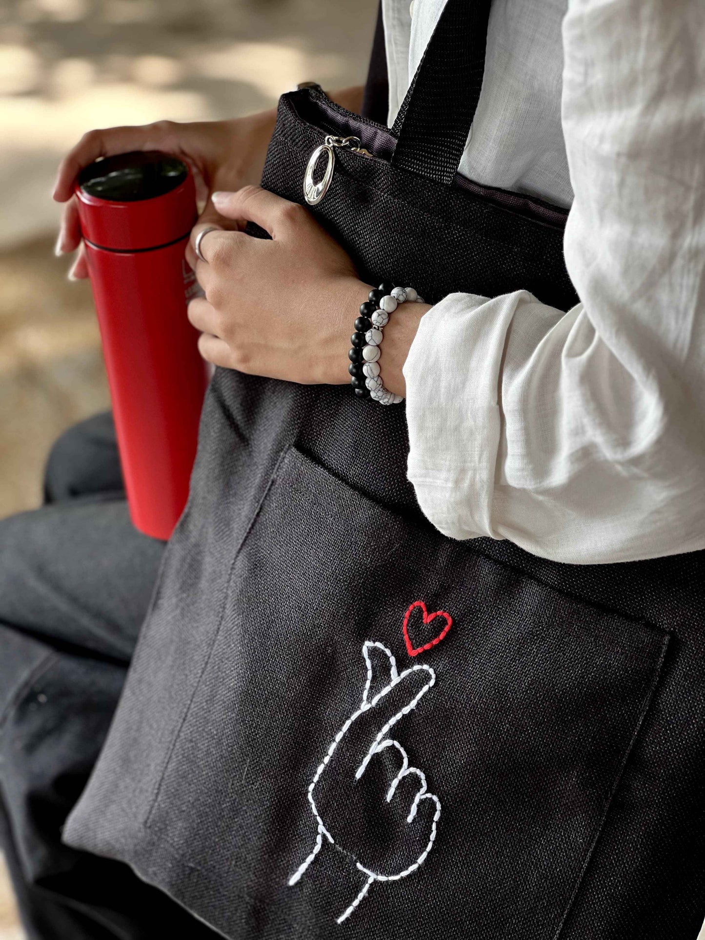 Black Embroidered Jute Tote Bag with Zipper - Tote Baggs
