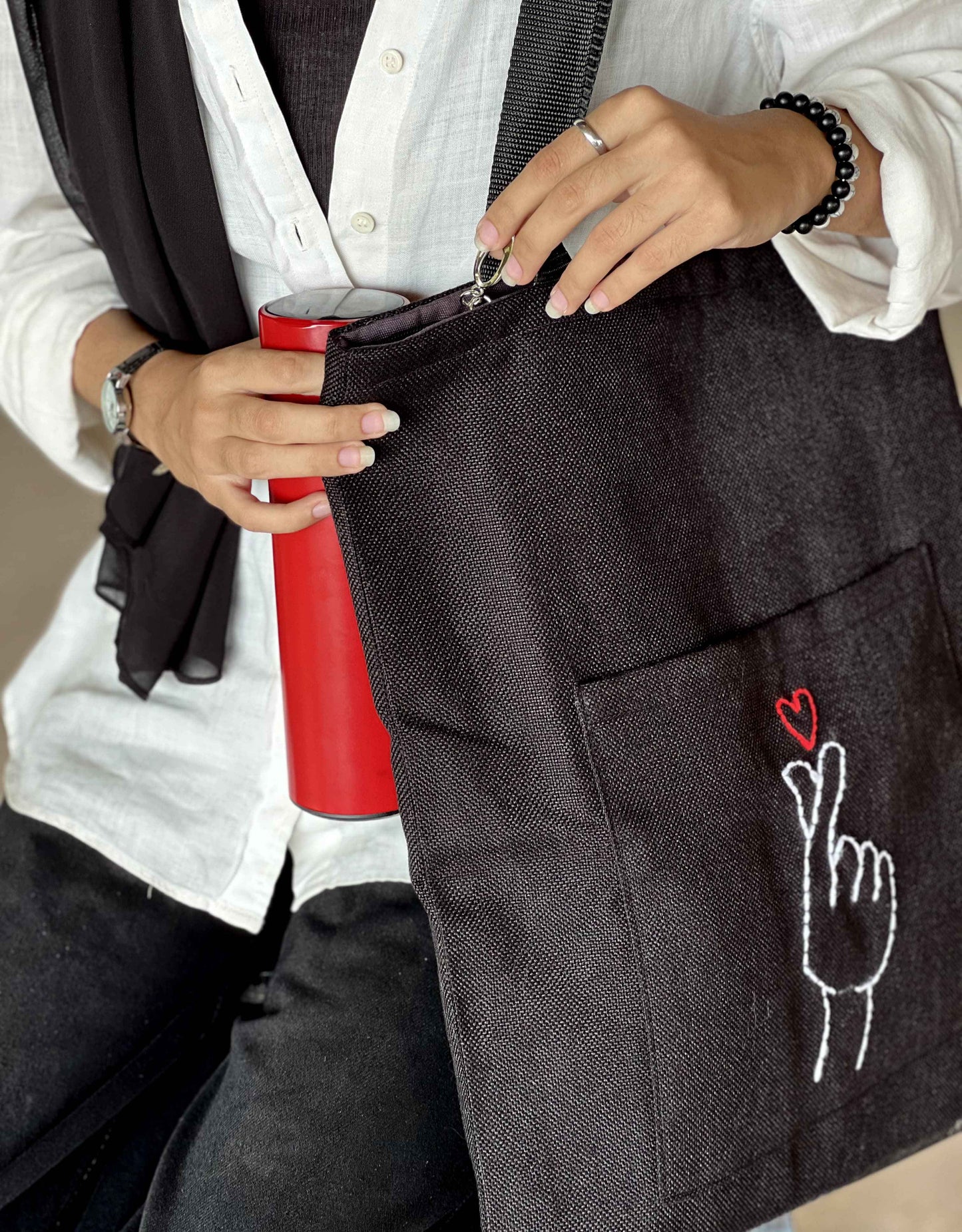 Black Embroidered Jute Tote Bag with Zipper - Tote Baggs