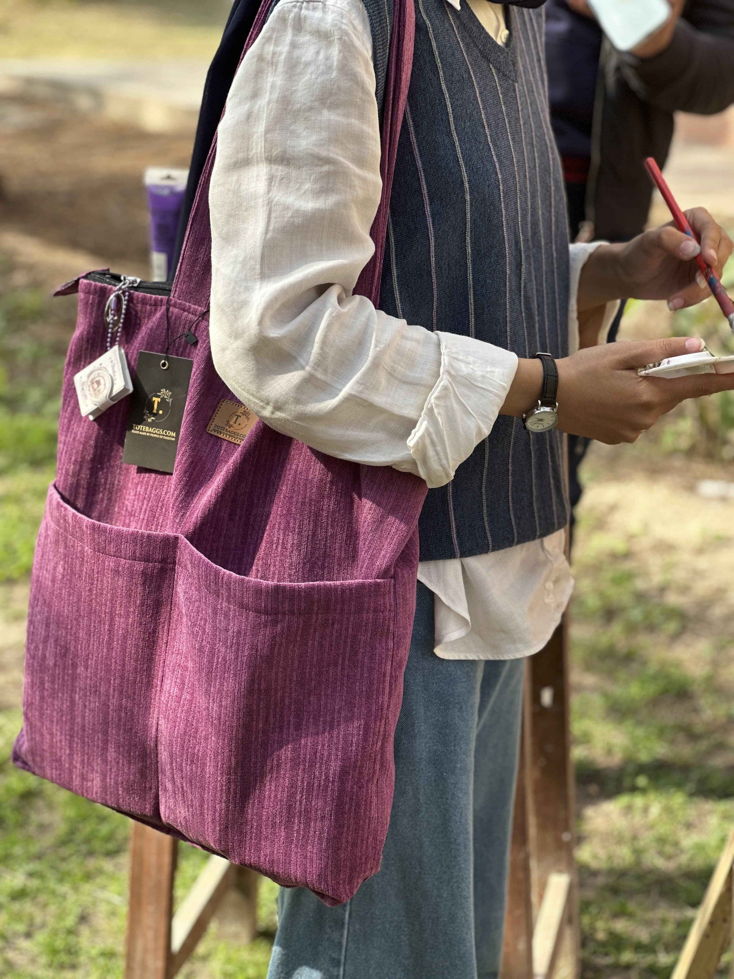 Corduroy Tote Bag Light Purple - Premium 2 Pocket Design - Tote Baggs