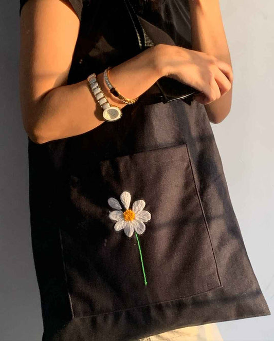 Black Embroidered Tote Bag with Flower Design - Tote Baggs