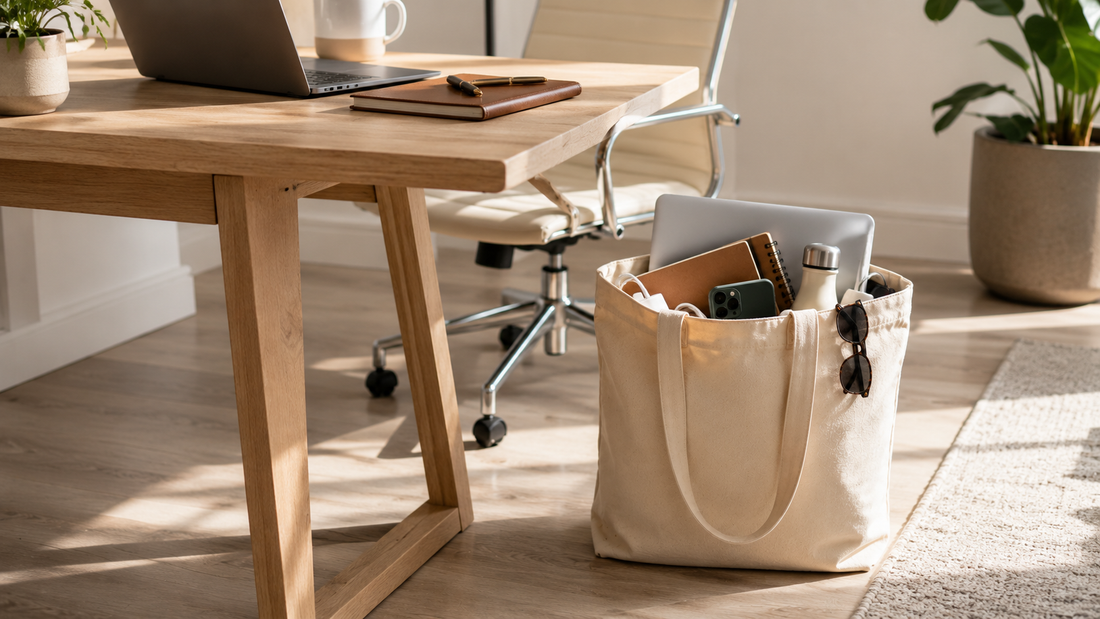 Canvas tote bag with laptop and work essentials on an office desk