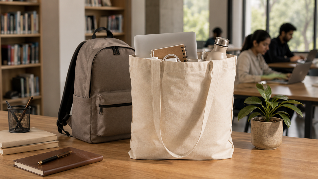 Canvas tote bag carrying a laptop, notebook and everyday essentials