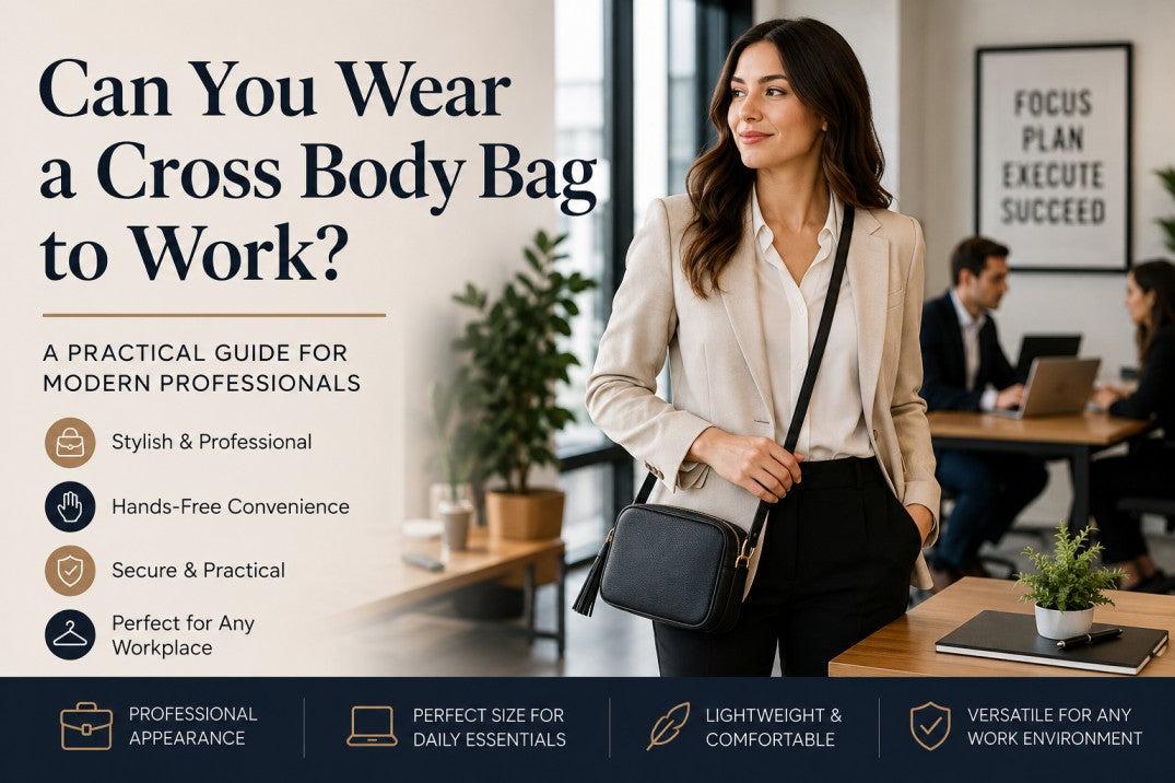 Professional woman wearing a cross body bag in a modern office workplace