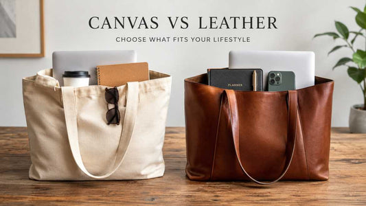 Canvas tote bag and leather tote bag side by side comparing style, durability, and everyday use for buyers in Pakistan.
