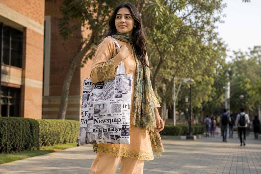 Canvas tote bag with laptop books and university essentials
