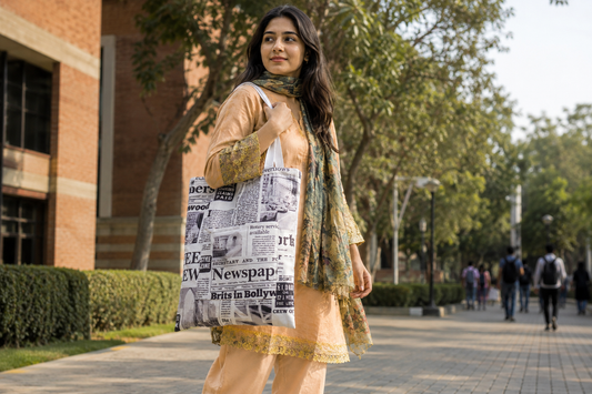 Canvas tote bag with laptop books and university essentials