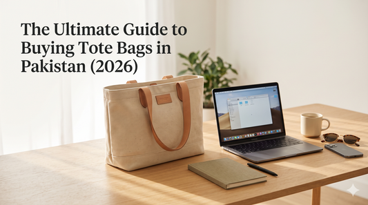 Premium beige canvas tote bag for women on a modern workspace suitable for office, university, travel, and everyday use in Pakistan.