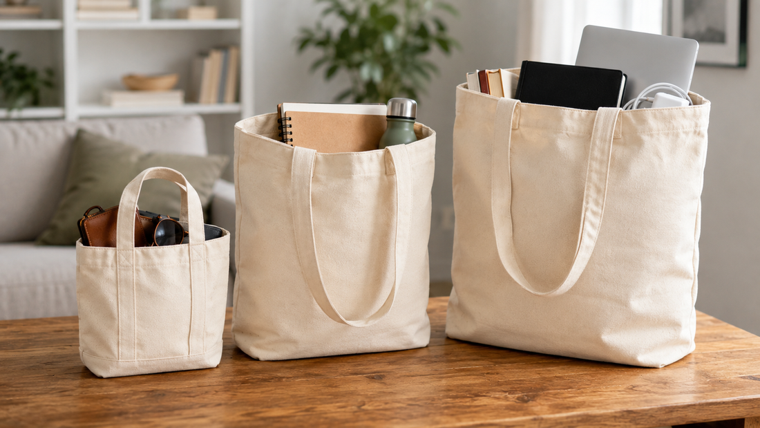 Small, medium and large canvas tote bags compared by size and everyday use