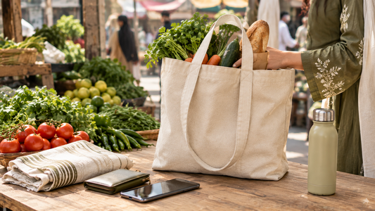 Reusable beige canvas tote bag for everyday shopping