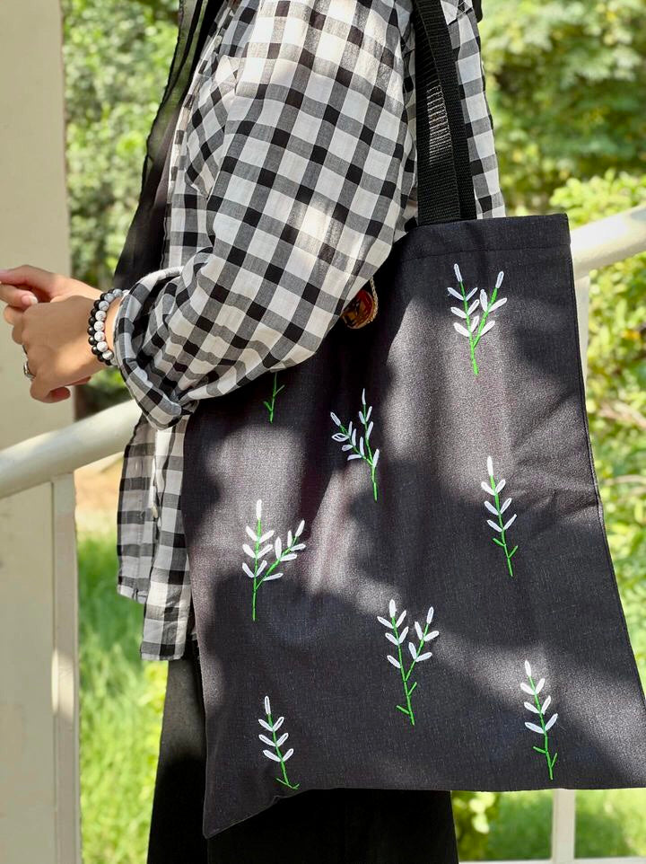 Black Tote Bag    Small Flowers Embroidery  - Handmade