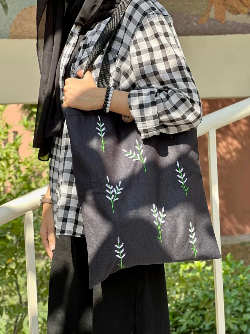 Black Tote Bag    Small Flowers Embroidery  - Handmade