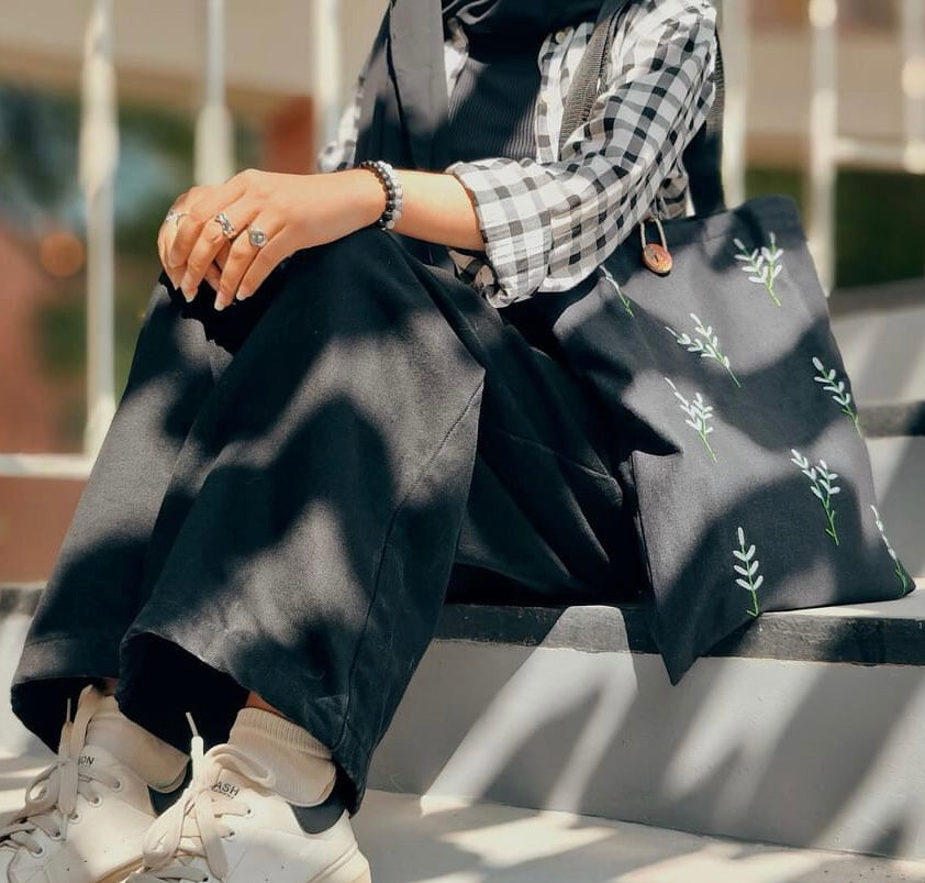 Black Tote Bag    Small Flowers Embroidery  - Handmade