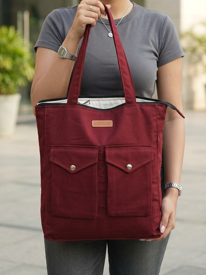Canvas tote bag with zipper and two pockets available in black, navy, sand grey and maroon