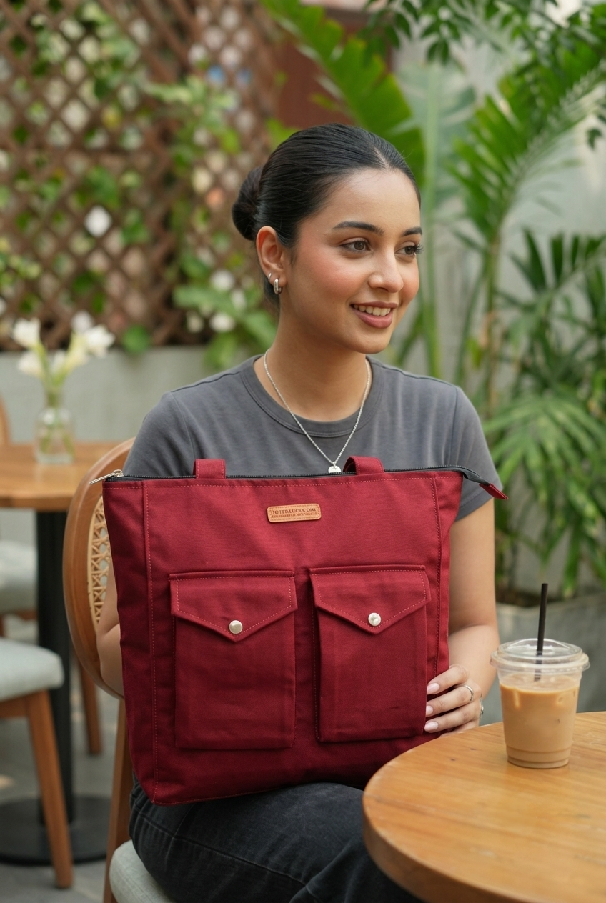 Canvas tote bag with zipper and two pockets available in black, navy, sand grey and maroon