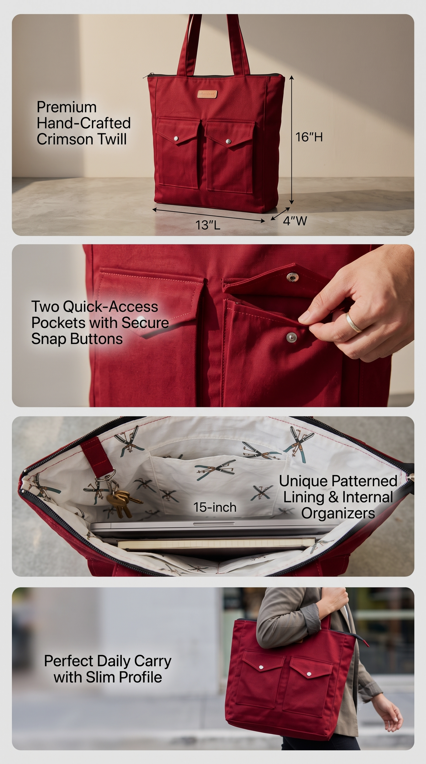 Canvas tote bag with zipper and two pockets available in black, navy, sand grey and maroon