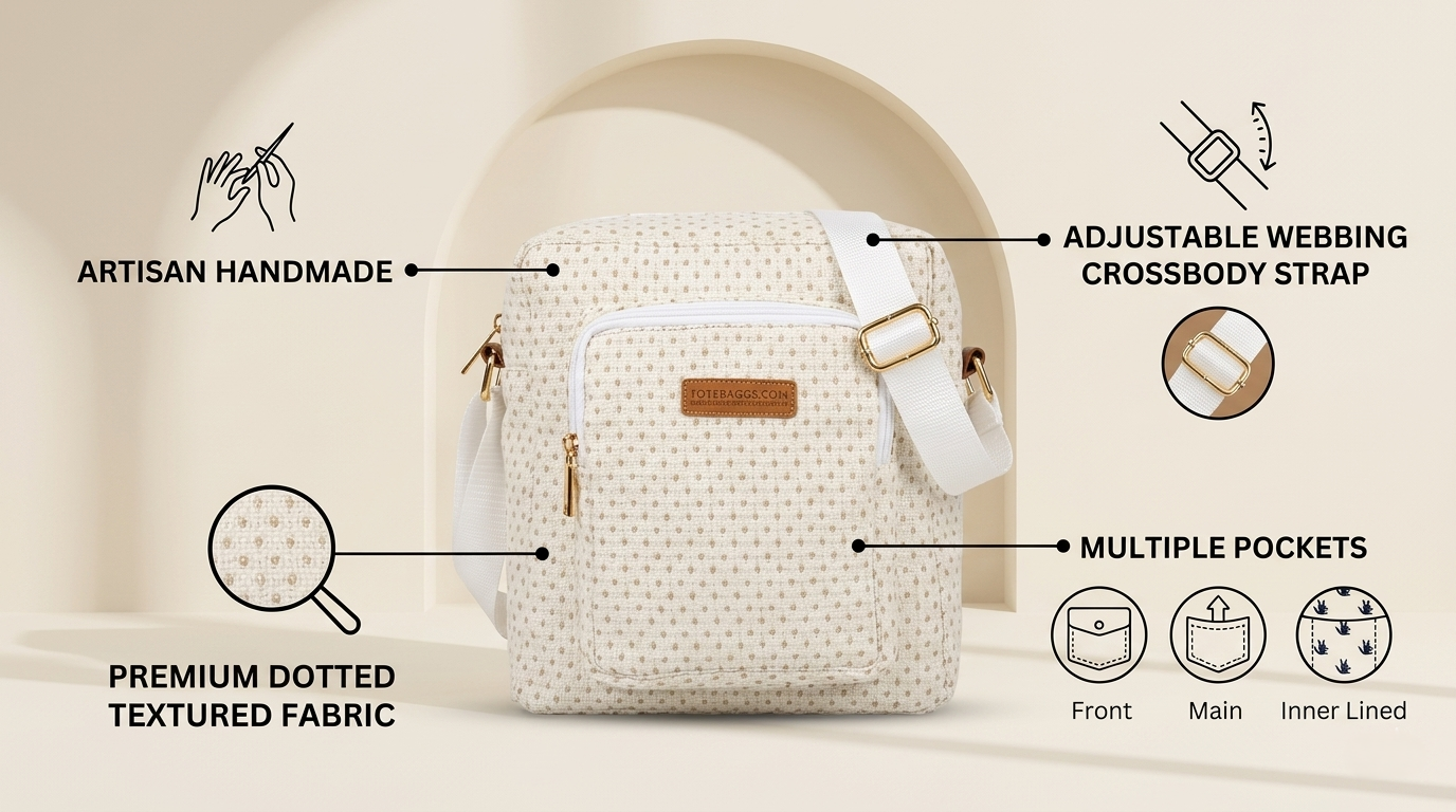 Handcrafted Cream Tweed Crossbody Bag