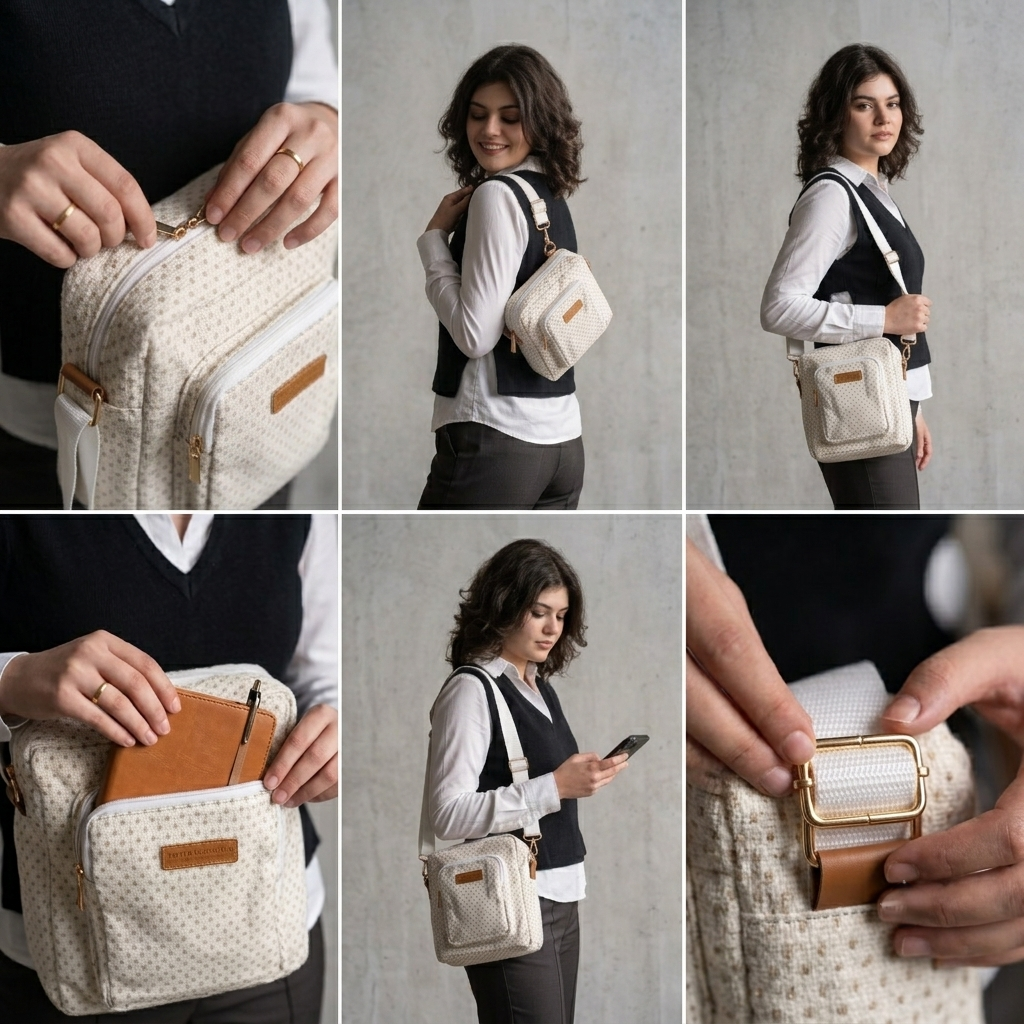 Handcrafted Cream Tweed Crossbody Bag