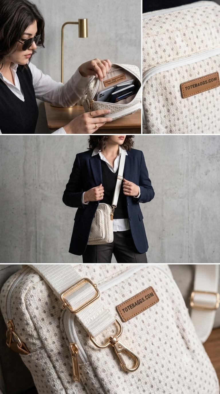Handcrafted Cream Tweed Crossbody Bag