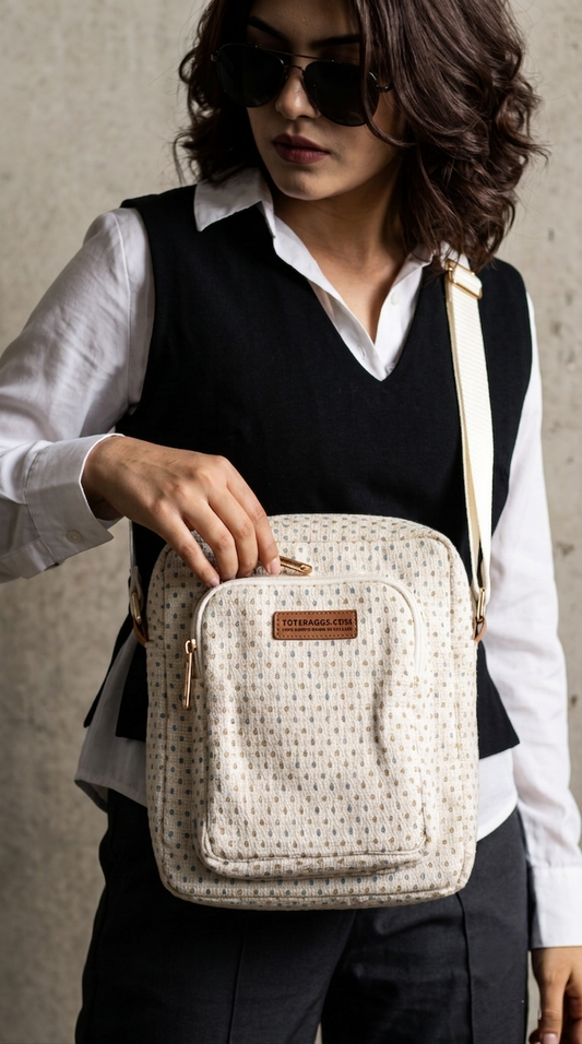 Handcrafted Cream Tweed Crossbody Bag