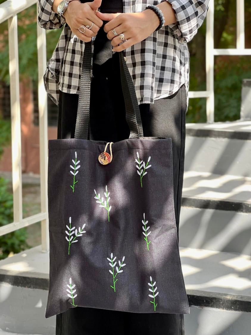 Black Tote Bag    Small Flowers Embroidery  - Handmade