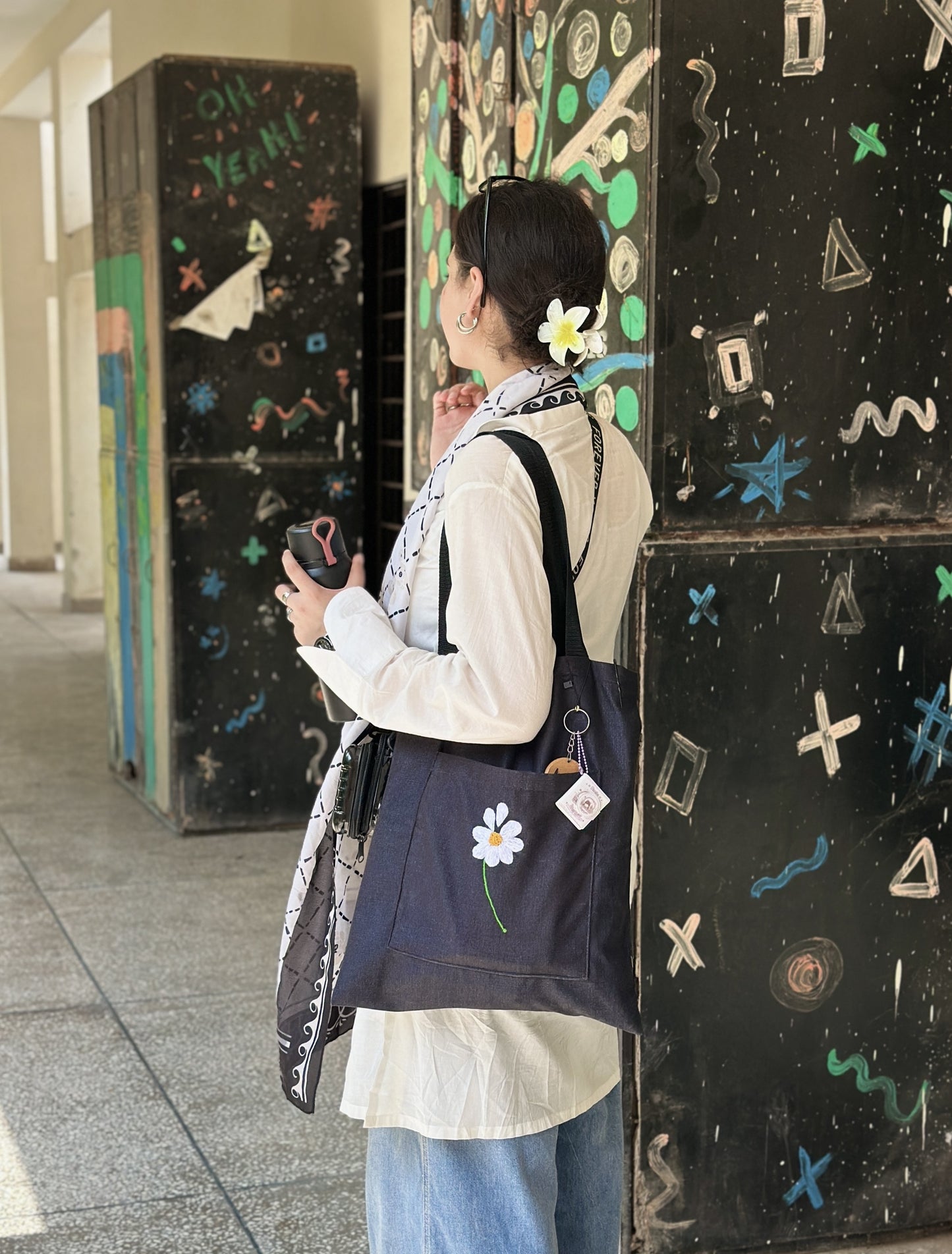 Black Tote Bag    Flower Embroidery  - Handmade