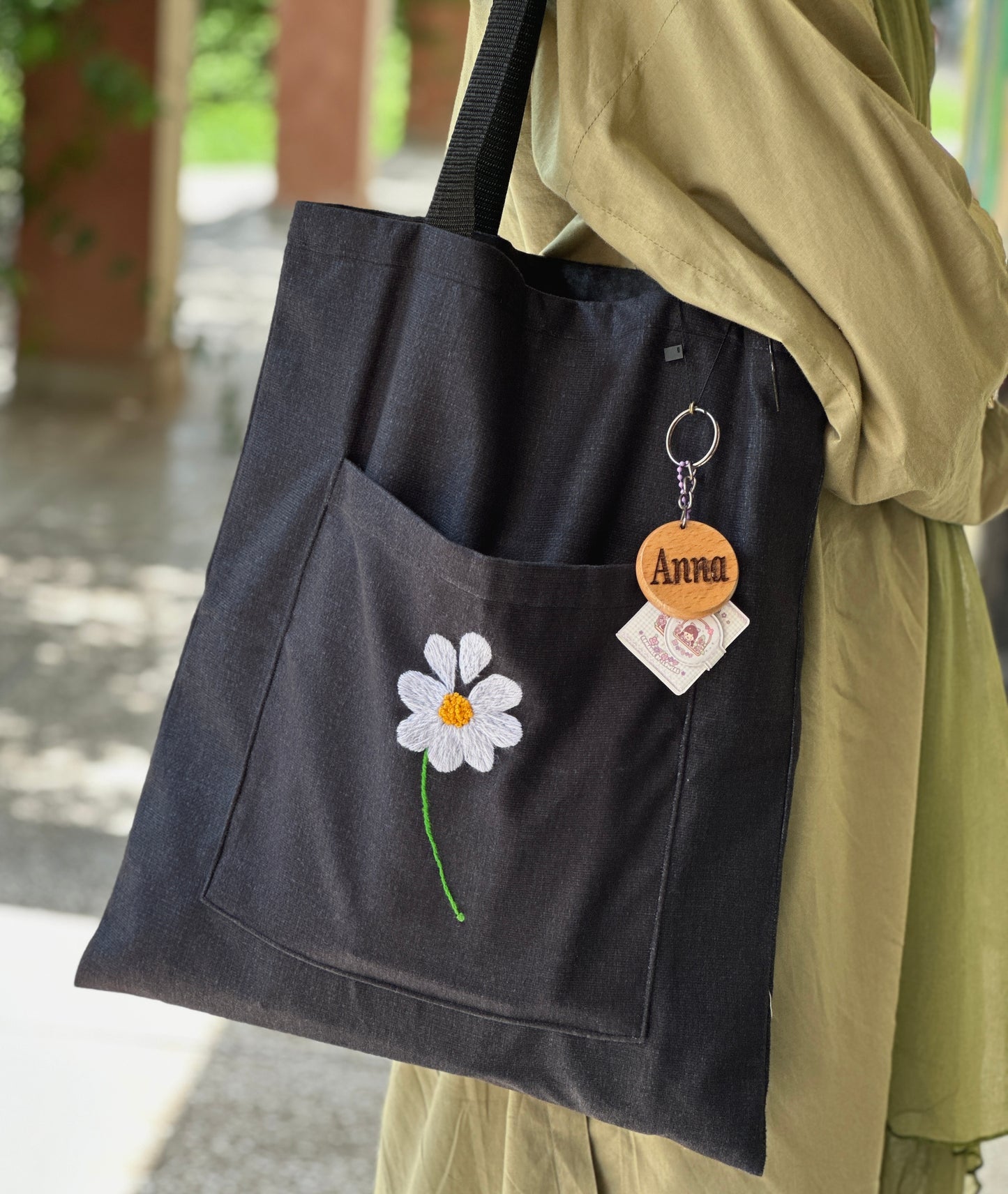 Black Tote Bag    Flower Embroidery  - Handmade