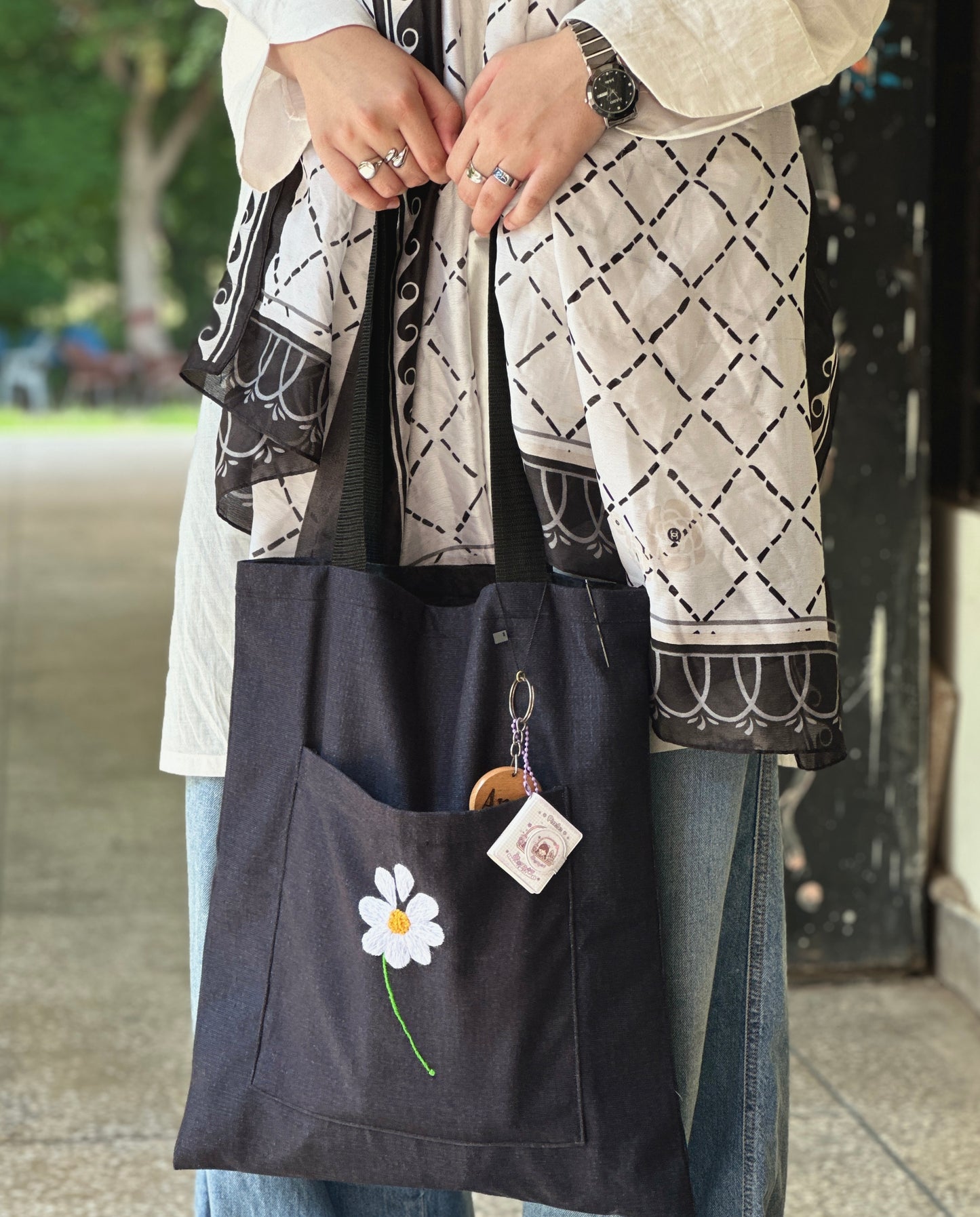 Black Tote Bag    Flower Embroidery  - Handmade