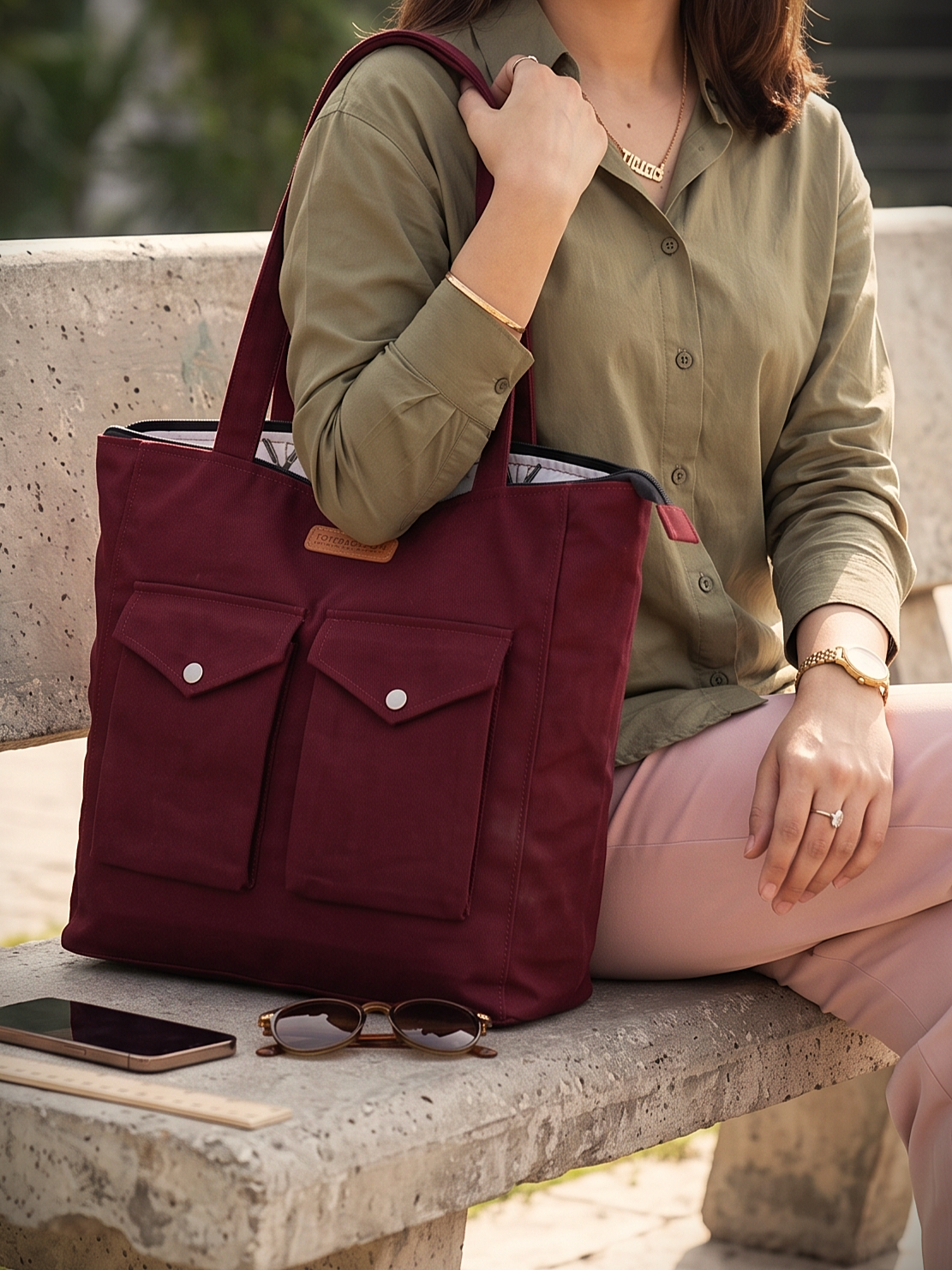 Canvas Tote Bag with Zipper and 2 Pockets - 4 Colors