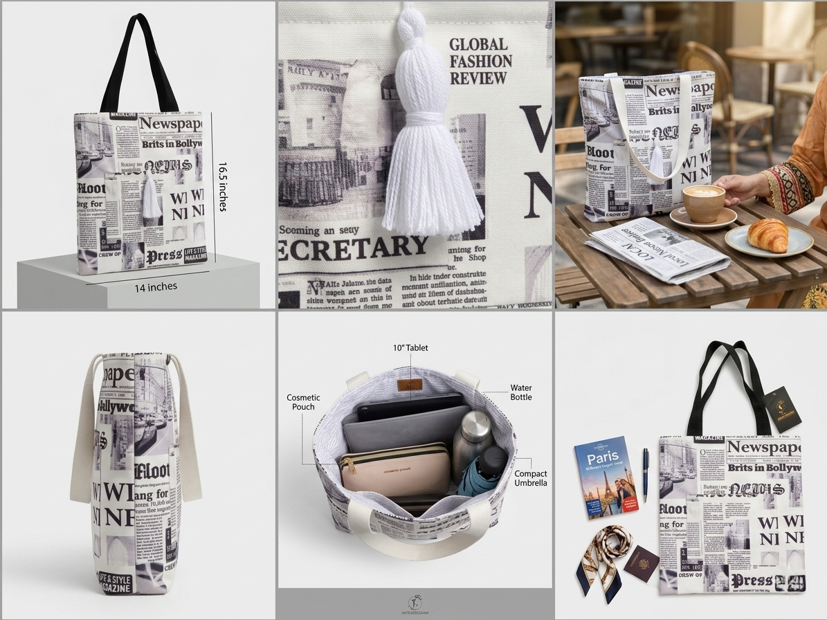 Handmade Newspaper Tote Bag - Unique Digital Print Design