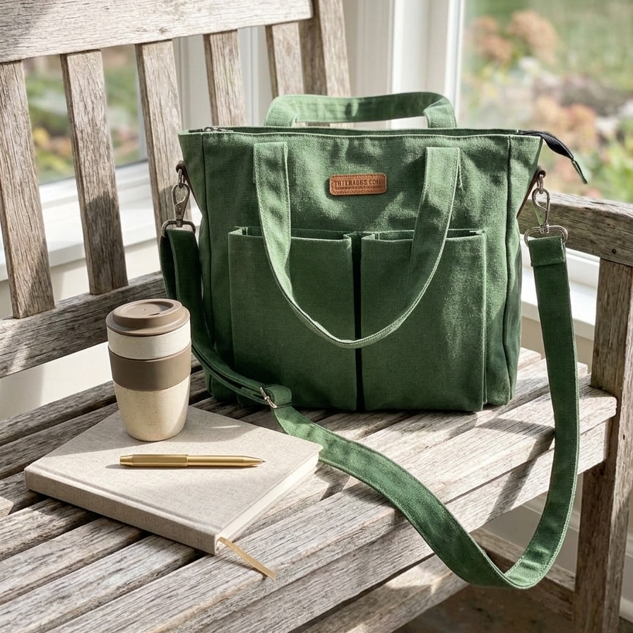 Handmade Green Canvas Crossbody Tote Bag with Organizers