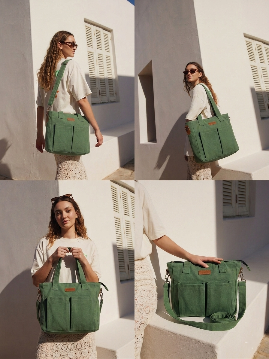 Handmade Green Canvas Crossbody Tote Bag with Organizers