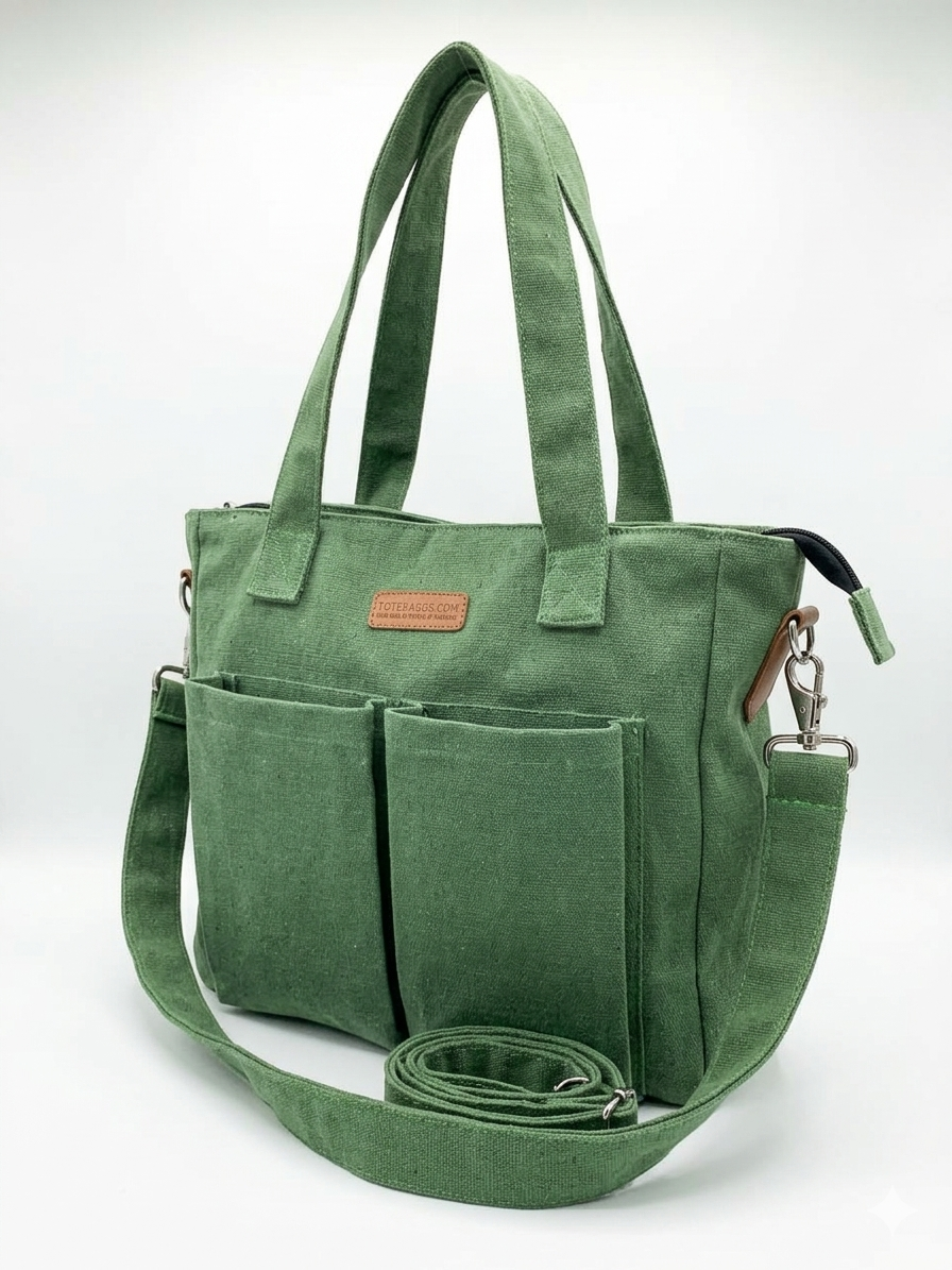 Handmade Green Canvas Crossbody Tote Bag with Organizers