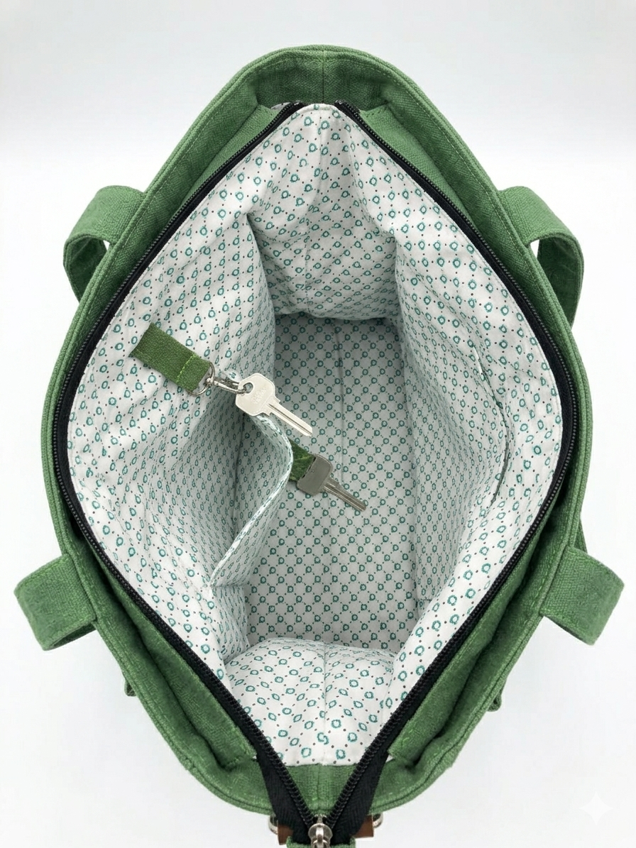 Handmade Green Canvas Crossbody Tote Bag with Organizers