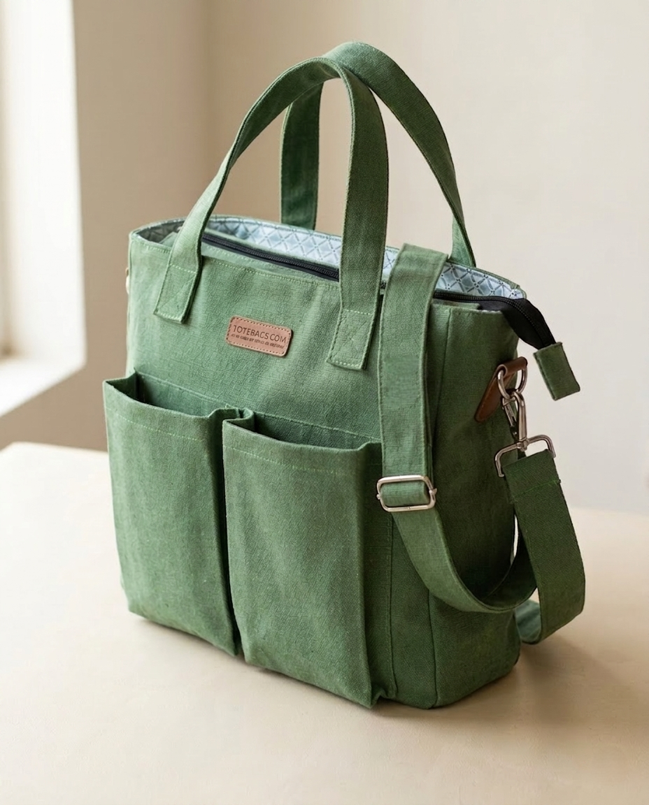 Handmade Green Canvas Crossbody Tote Bag with Organizers