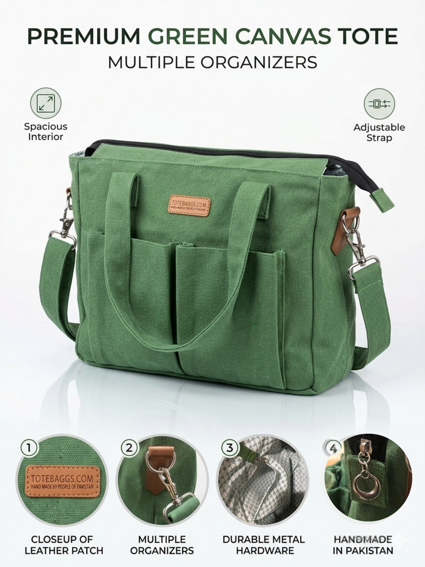 Handmade Green Canvas Crossbody Tote Bag with Organizers