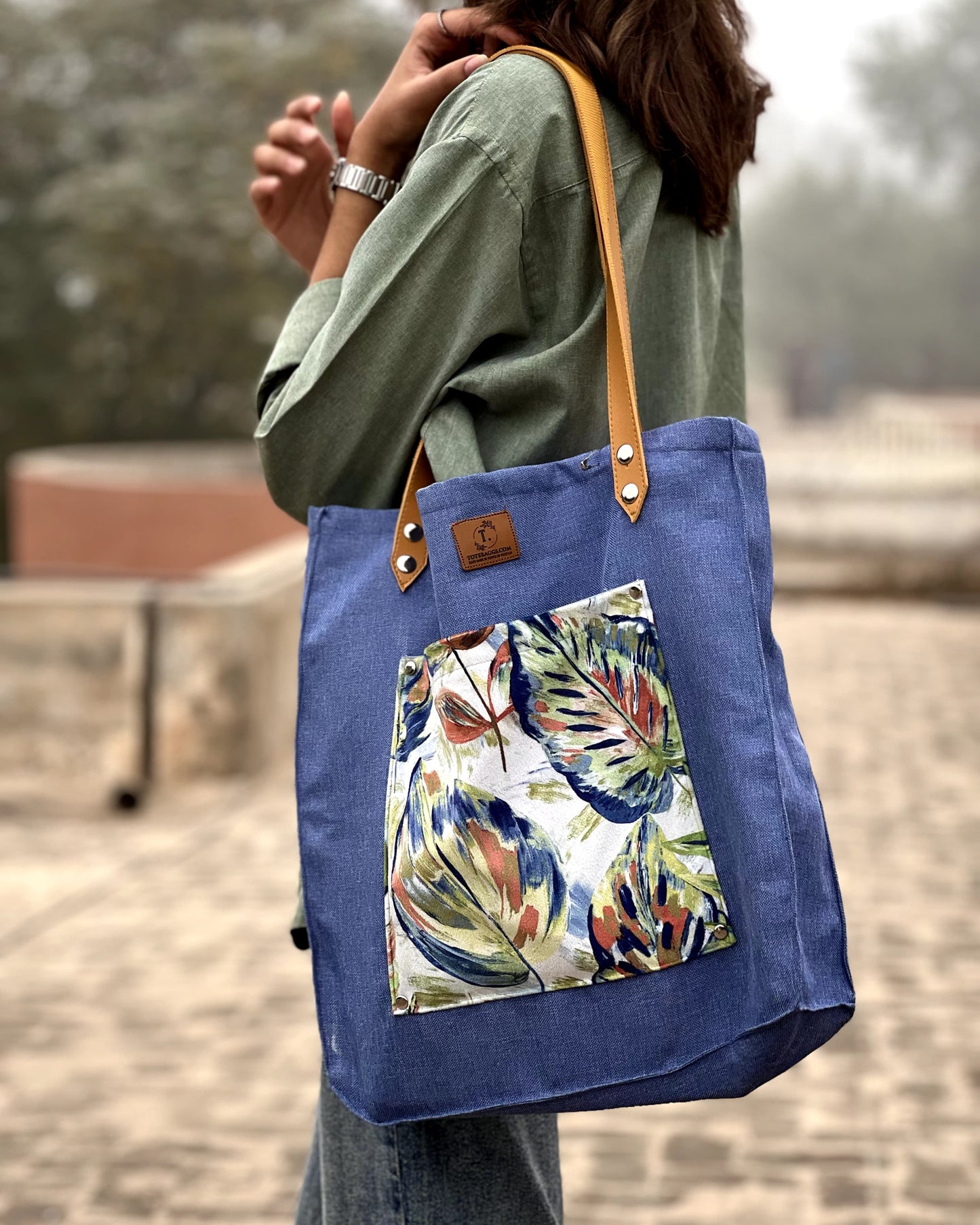 Leather Strap Blue Tote Bag – Digital Print Pocket