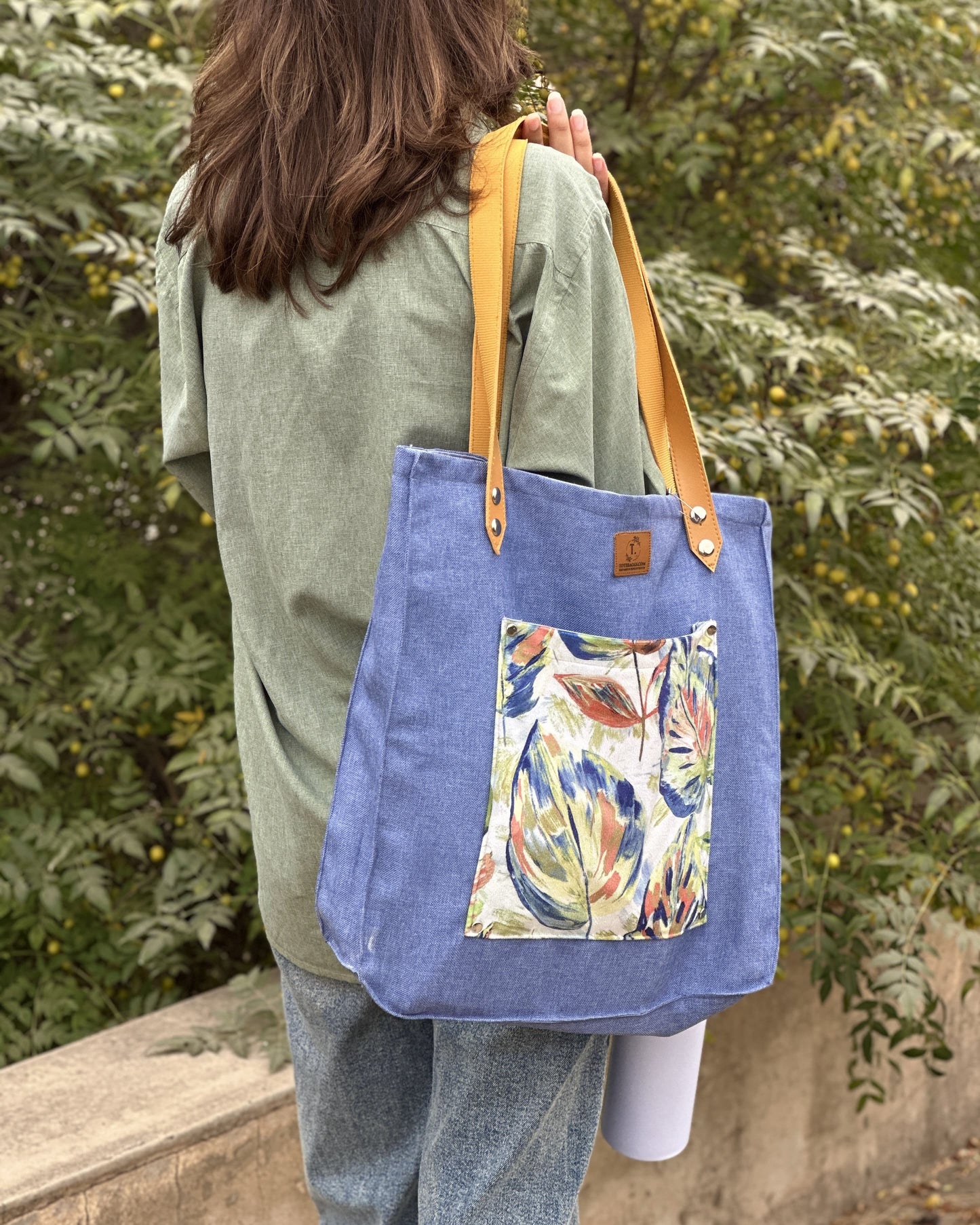 Leather Strap Blue Tote Bag – Digital Print Pocket