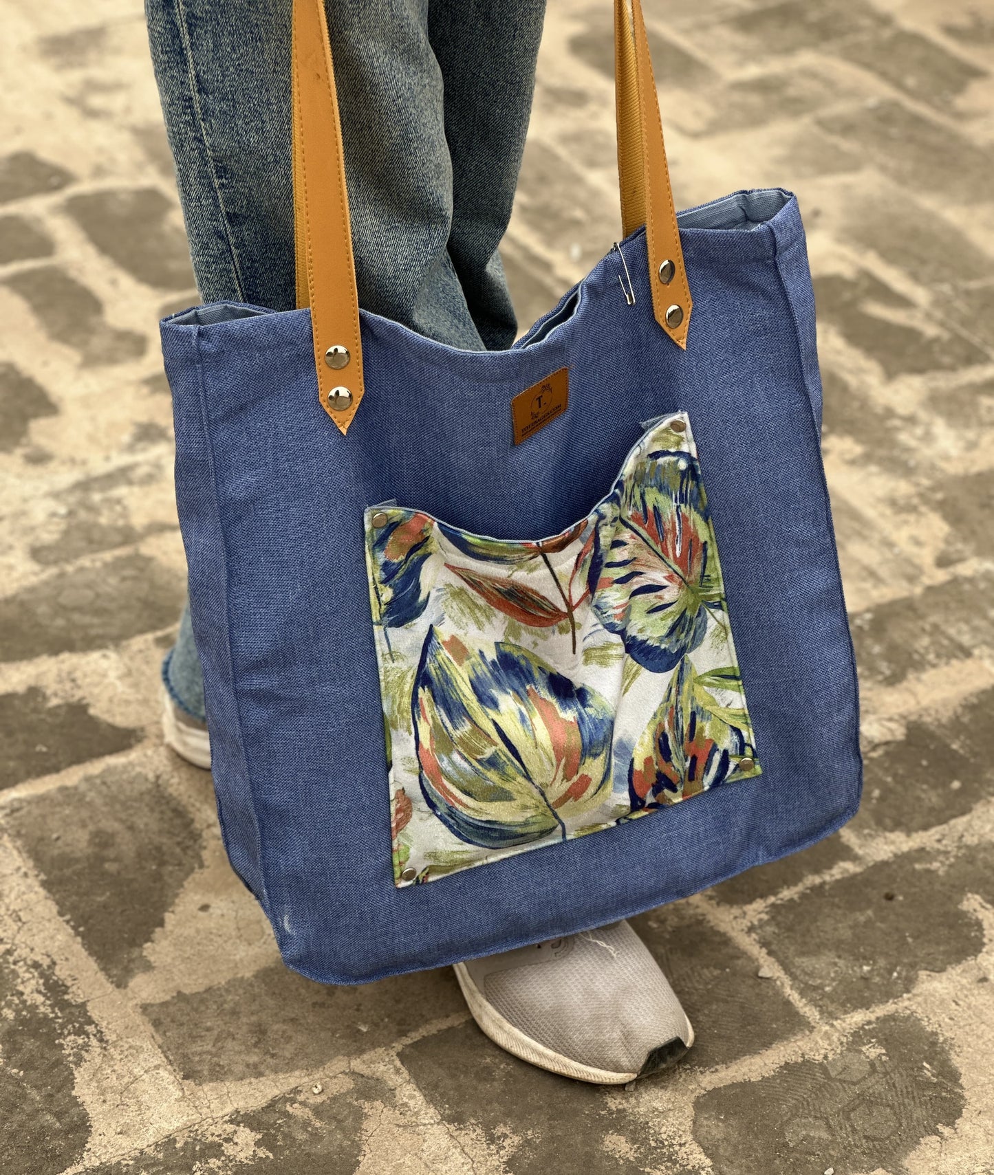 Leather Strap Blue Tote Bag – Digital Print Pocket