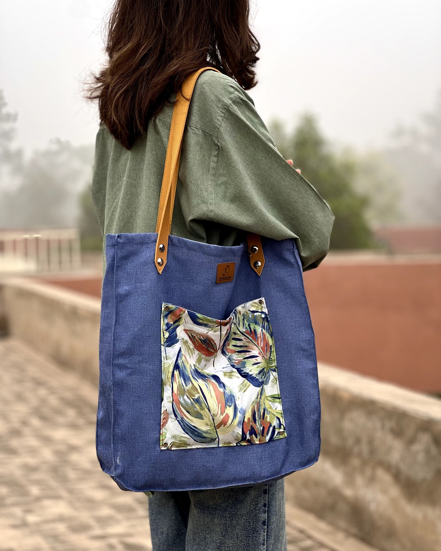 Leather Strap Blue Tote Bag – Digital Print Pocket