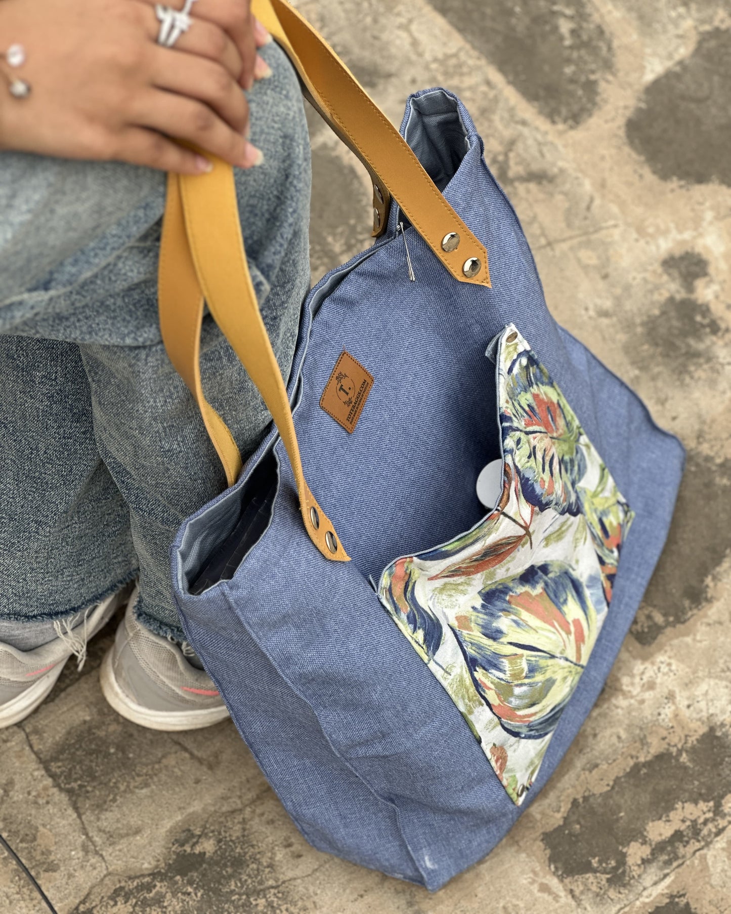 Leather Strap Blue Tote Bag – Digital Print Pocket