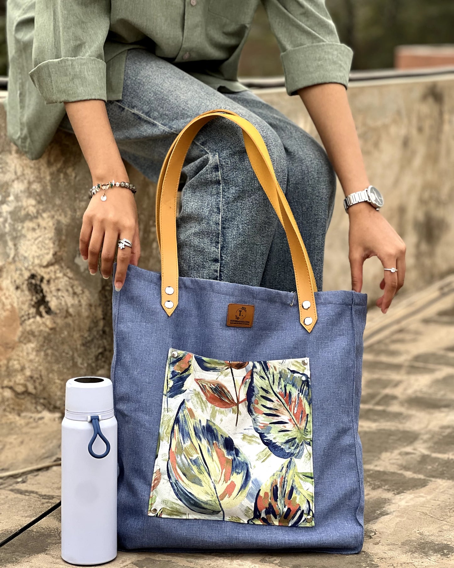 Leather Strap Blue Tote Bag – Digital Print Pocket